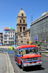 La Paz, Bolivia: Dodge micro-bus going along Calle Figueroa - San Francisco square and church in the background - Porciuncula retirement home - photo by M.Torres