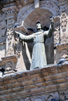 La Paz, Bolivia: Saint Francis of Assisi statue on the faade of the Iglesia de San Francisco - Mestizo Baroque decoration - photo by M.Torres