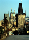 Czech Republic - Prague: morning light in Charles Bridge - view of the Gothic gate and Mala Strana - Lesser Town Bridge Towers - Malostranske mostecke veze - photo by J.Fakete