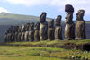 Easter island / Ilha da Pascoa / Isla de Pascua - Tonguriki: ahu - line of statues -  In the background (to the East) is the extinct volcanic peak of Puakatiri - Unesco world heritage site (photo by Roe Eime)