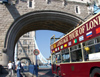 London: tour bus entering Tower bridge - photo by K.White