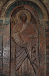 Lalibela, Amhara region, Ethiopia: Bet Golgotha church - carving of a saint - photo by M.Torres