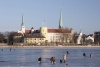 Latvia / Latvija / Lettland - Riga: frozen Daugava - castle of the Brotherhood of the Sword, in Soviet times Riga Pioneer Palace (photo by Alex Dnieprowsky)