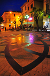 Olbia / Terranoa / Tarranoa, Olbia-Tempio province, Sardinia / Sardegna / Sardigna: Piazza Margherita at night - pavement design by Leonardo da Vinci - photo by M.Torres