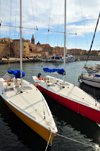 Alghero / L'Alguer, Sassari province, Sardinia / Sardegna / Sardigna: yachts, the port and the old city - Porto Antico - photo by M.Torres