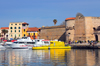 Alghero / L'Alguer, Sassari province, Sardinia / Sardegna / Sardigna: Porto Antico - boats and the Maddalena / Garibaldi tower - end of Via Garibaldi - photo by M.Torres