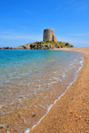 Bari Sardo, Ogliastra province, Sardinia / Sardegna / Sardigna: Torre di Bari - Aragonese tower and beach with pebbles and soft ochre sands - photo by M.Torres