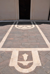 Muravera / Murra, Cagliari province, Sardinia / Sardegna / Sardigna: pavement of the church yard - bell gable - Sarrabus sub-region - photo by M.Torres