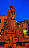 Olbia / Terranoa / Tarranoa, Olbia-Tempio province, Sardinia / Sardegna / Sardigna: fountain - statue with a bra - Piazza Matteotti at night - photo by M.Torres