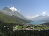 Switzerland - Maloja / Maloggia - Graubnden / Grigioni canton - view from Belveder Tower down to Silser See and the Palace-Hotel - Engadine valley / Maloja und der Silser See vom Belvedere-Turm gesehen - photo by J.Kaman