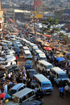 Kampala, Uganda: African city traffic - Burton street fraffic from above - share taxis by the Old Taxi Park - endeless queue of matatu share taxis - photo by M.Torres